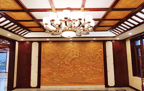 龙湾镇中式别墅客厅中式木作横梁吊顶装饰展示